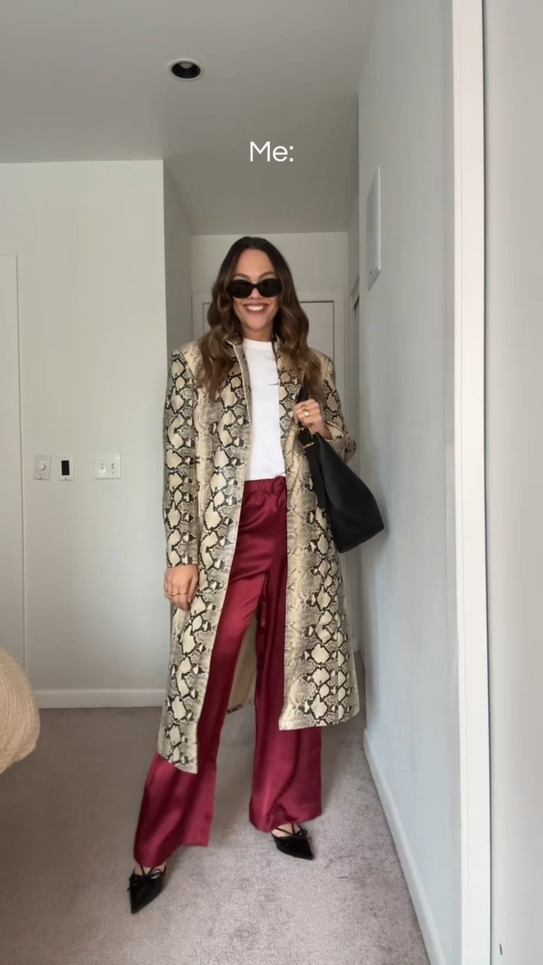 Satin pants styled 8 ways!

Pants: Aritzia red satin lodge pants, I have a size large. 

Outfit 1:
-Revolve snake print jacket, I have a size large. 
-Uniqlo white T-shirt, I have a large. 
-Madewell black leather tote bag. 
-Black kitten heels. 
-Celine Triomphe sunglasses. 

Outfit 2:
-Zara black fur-linked jacket, I have a size large.  
-Abercrombie black crewneck cashmere sweater, I have a medium. 

Outfit 3:
-Reformation tan oversized 100% wool sweater, I have a large. 
-Ganni leopard print tote bag. 
-Zara chocolate brown Mary Jane flats. 

Outfit 4:
-Reformation black cropped turtleneck sweater, I have a large. 
-Black heeled ankle boots. 
-Anthropologie black studded fold-over clutch purse. 

Outfit 5:
-Oak + Fort brown suede trench coat, I have a size M/L. 
-Gap 100% cotton cream sweater, I have a large. 
-Steve Madden brown ballet flats. 
-Demellier London burgundy tote bag. 

Outfit 6:
-Aritzia black square neck tank top, I have a medium. 
-Aritzia black oversized blazer, I have a size 10. 
-Coach tabby bag in black. 

Outfit 7:
-Reformation crewneck sweater. 
-Zara leopard print triangle scarf. 
-Demellier black shoulder bag. 
-Poppy Barley beige ballet flats. 

Outfit 8:
-Aritzia brown Mockneck top, I have a medium. 
-Zara brown tasseled loafers. 
-Celine Triomphe Ava bag. 
-Massimo Dutti brown flocked jacket. 


#LTKwinter #LTKholiday #LTKstyletip