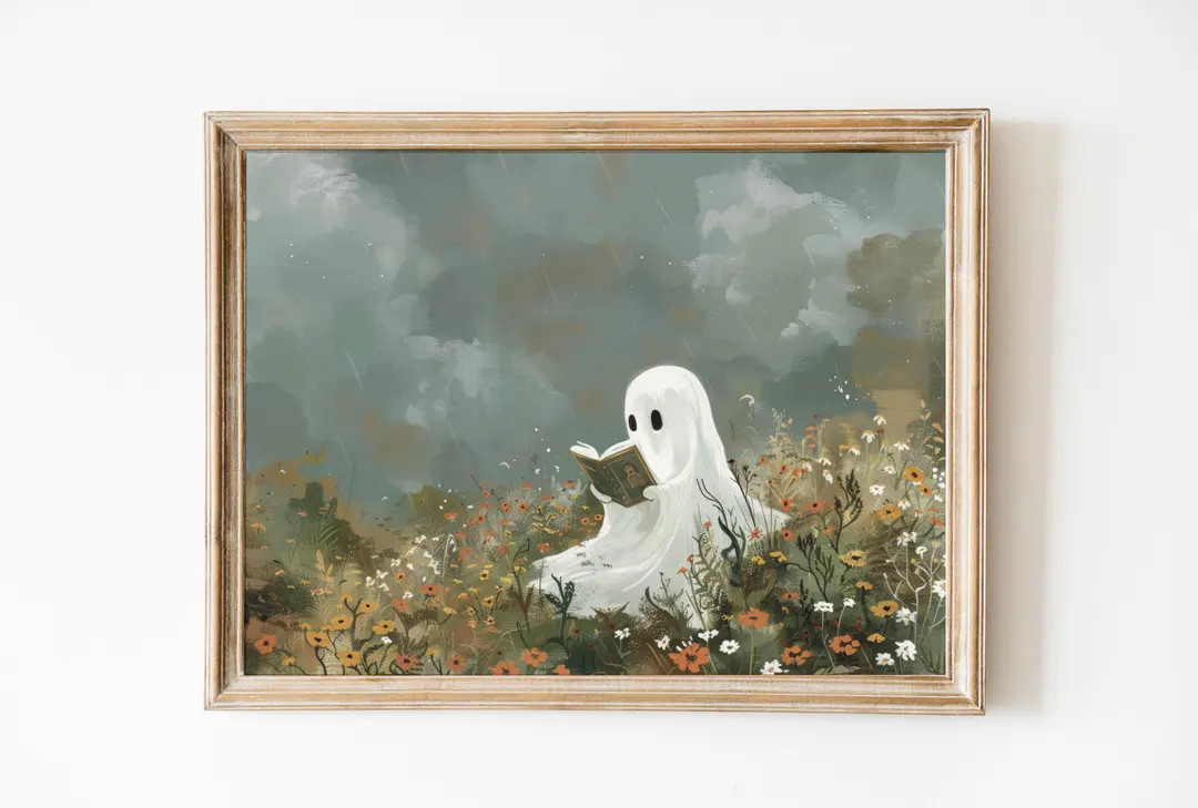 Halloween Cute Ghost Reading in Flower Field, Spooky Ghost Print, Printable Halloween Decor, Book... | Etsy (US)