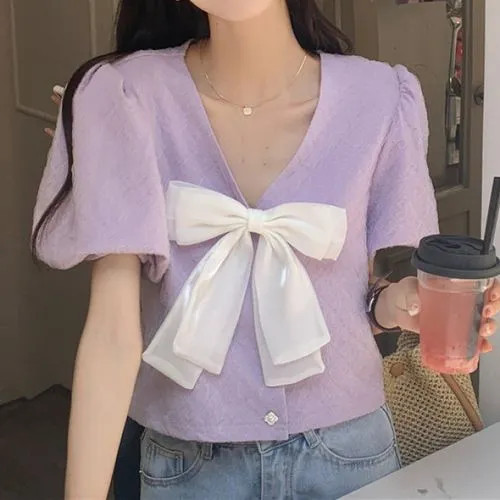 Dute - Short-Sleeve Bow Accent Blouse | YesStyle Global