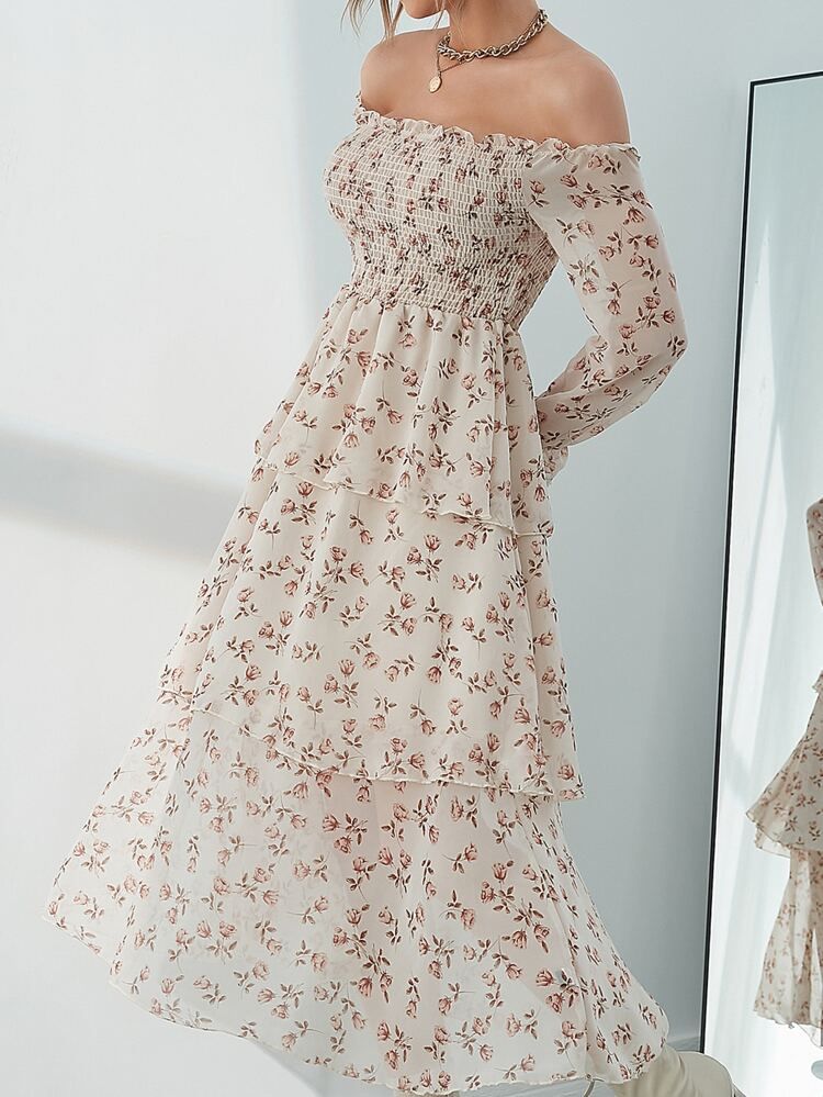 SHEIN Mulvari Allover Floral Print Off Shoulder Flounce Sleeve Layered Hem Dress | SHEIN