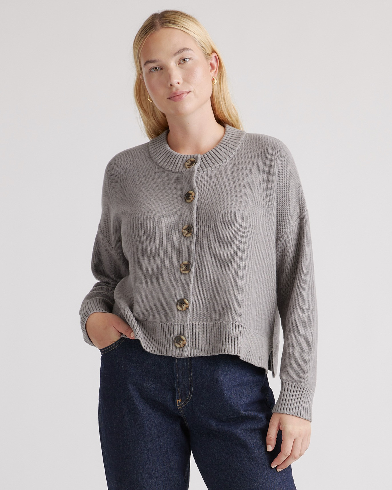 Quince | Women's Cropped Cardigan Sweater in Grey, Size XL, Organic Cotton | Quince