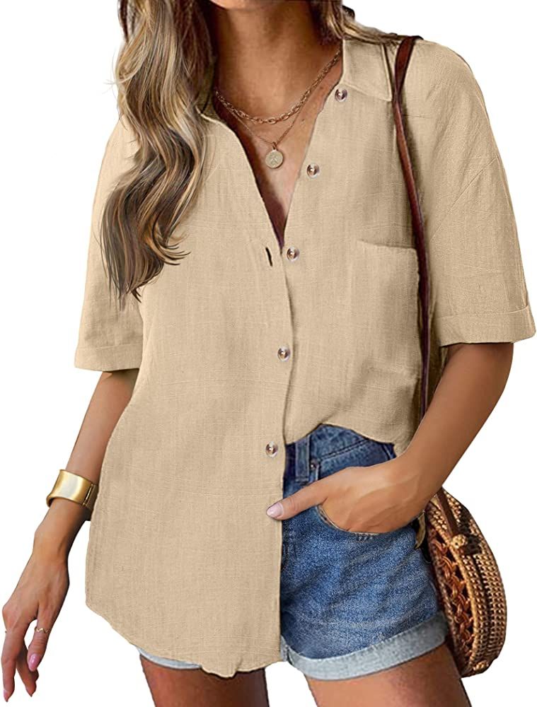 HOTOUCH Linen Shirts for Women Cotton Button Down Shirt Short Sleeve Loose Fit Collared Casual Wo... | Amazon (US)