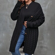 Plus Size Women Thick Loose Casual Mid-Length Cardigan, Long Sleeve Knitted Open Front Sweater With Buttons, Double Pockets, Solid Color, Suitable For | SHEIN