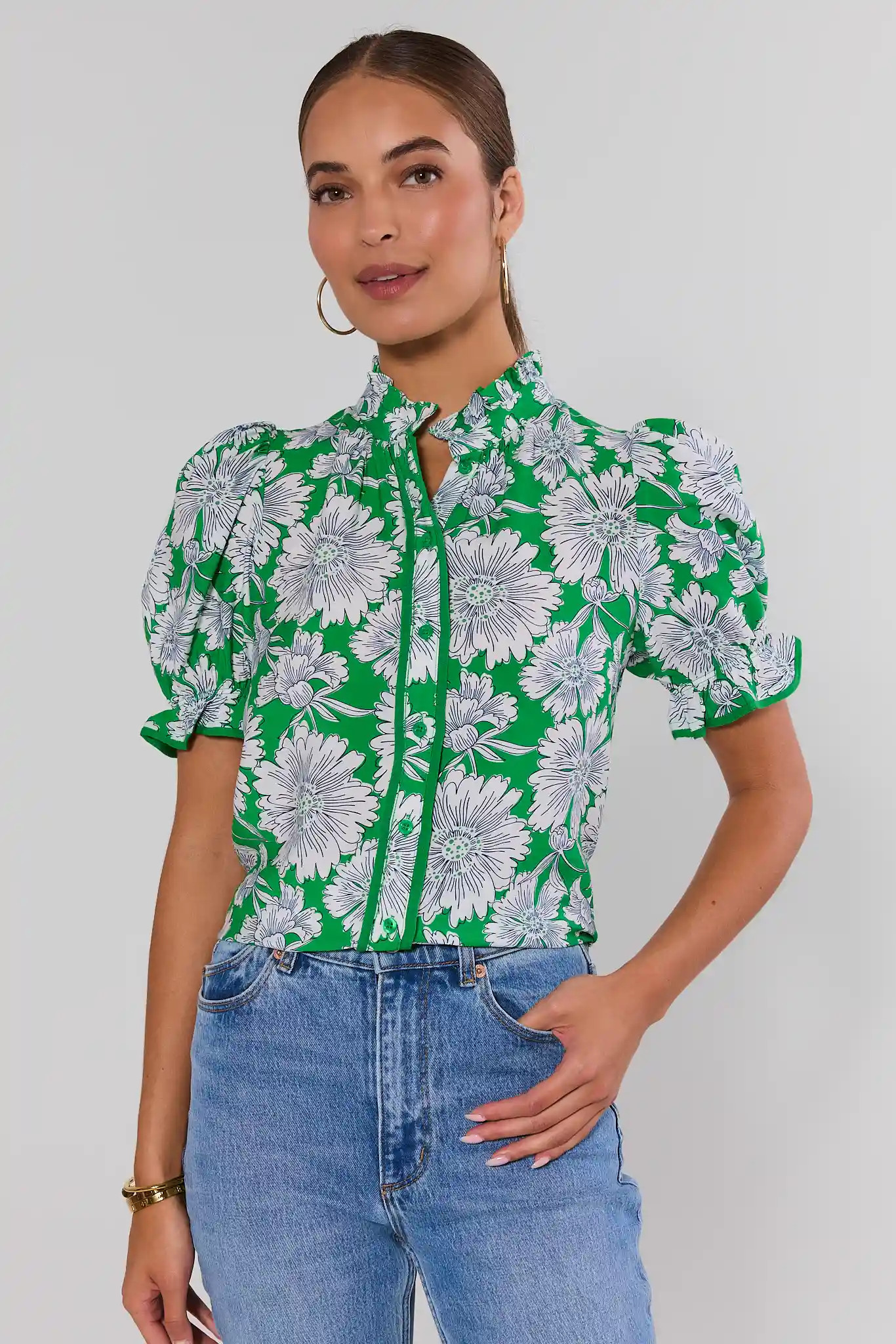 Naomi Green Floral Puff Sleeve Top | Avara