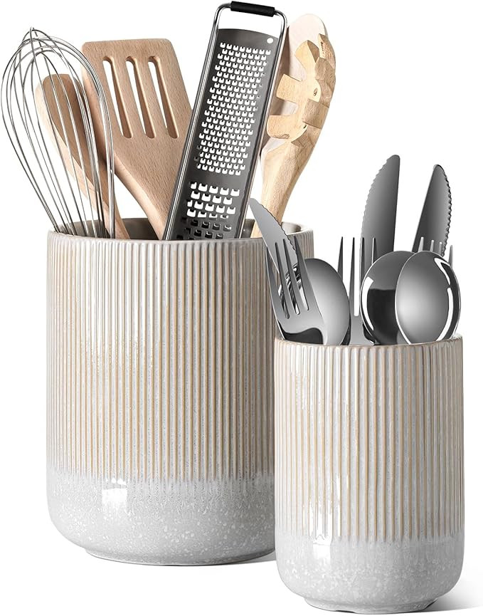 LE TAUCI Utensil Holder for Kitchen Counter, 7.3"+5.4" Fluted Ceramic Utensil Crock Organizer for... | Amazon (US)
