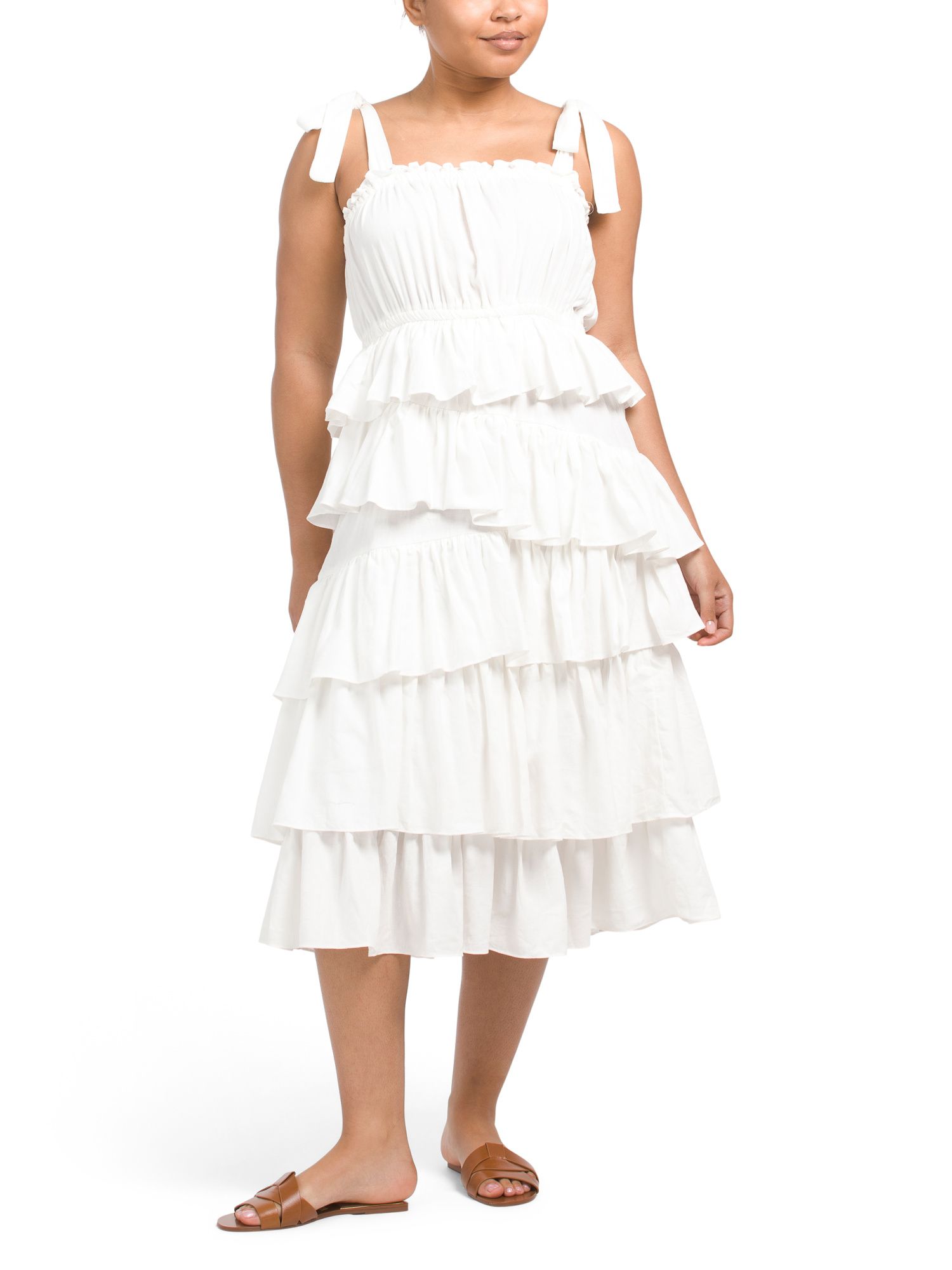 Cotton Tie Shoulder Tiered Midi Dress | Casual Dresses  | Marshalls | Marshalls