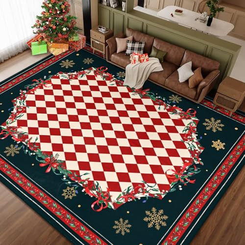 Likiyol Christmas Rugs for Living Room 8x10 Area Rug Checkered Non Slip Washable Rugs for Bedroom Snowflake Soft Winter Living Room Rug Xmas Large Throw Rug Carpet for Dining Room, Low Pile | Amazon (US)