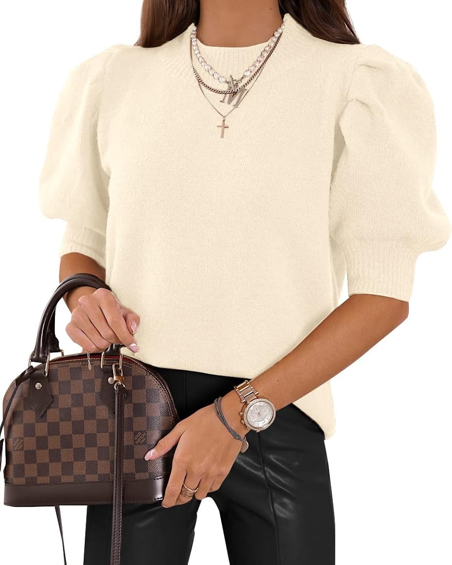 Women's Puff Short Sleeve Sweater Tops 2023 Spring Summer Trendy Crew/Square/V Neck Casual T Shir... | Amazon (US)