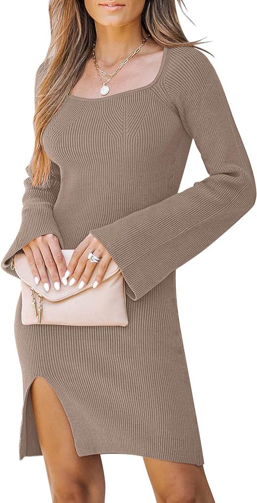 LookbookStore Womens Sweater Dress Bodycon Square Neck Slit Short Dresses Bell Long Sleeve Knit S... | Amazon (US)