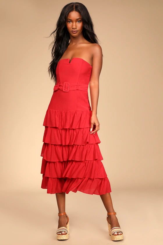 Catch a Cruise Red Strapless Belted Tiered Midi Dress | Lulus (US)