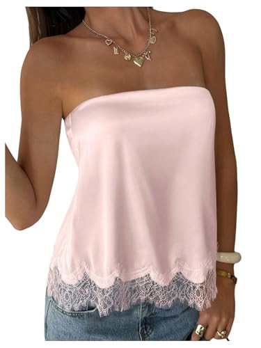 SOLY HUX Women's Elegant Lace Trim Satin Tube Top Solid Pink | Amazon (US)