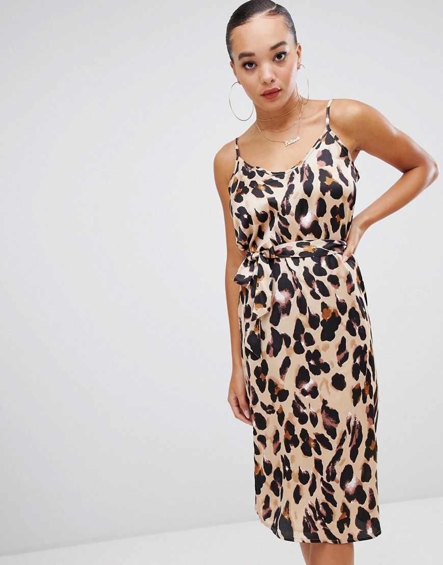 Boohoo satin slip midi dress in leopard - Brown | ASOS US