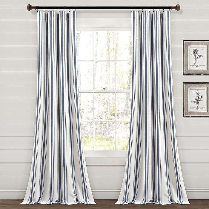 Lush Decor Farmhouse Stripe Yarn Dyed Cotton Window Curtain Panel Pair, 42" W x 84" L, Navy - Cla... | Amazon (US)