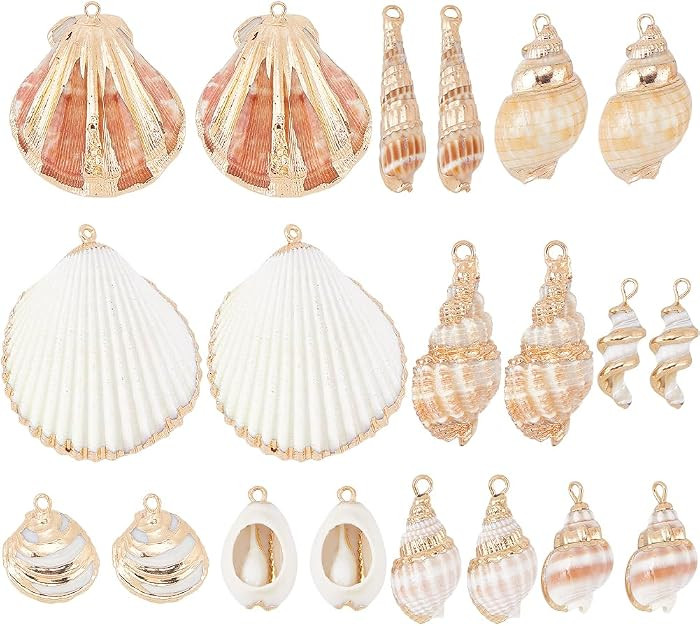 SUNNYCLUE 1 Box 20Pcs 10 Styles Sea Shell Charms Bulk Seashell Charms Natural Cowrie Conch Seashells Ocean Sea Shells Beach Charm for Jewelry Making Charms Women DIY Necklaces Earrings Bracelets | Amazon (US)