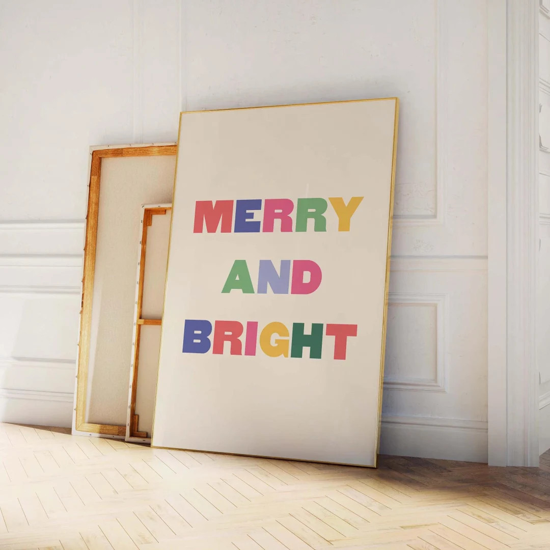Merry and Bright Christmas Print, Digital Art Download, Colorful Christmas Decor, Cute Holiday Wa... | Etsy (US)