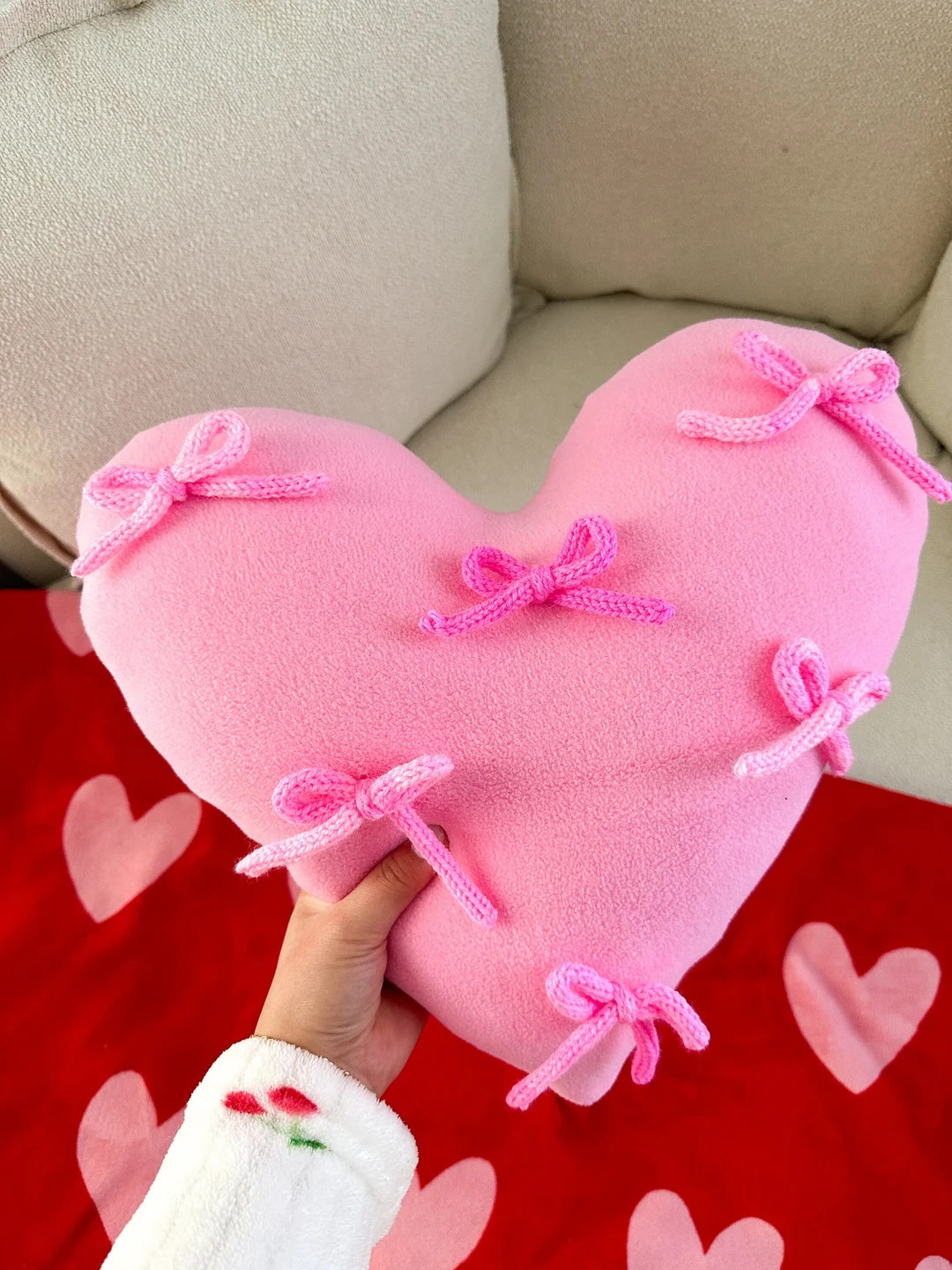 Bow Detail Heart Fleece Pillow - Etsy | Etsy (US)