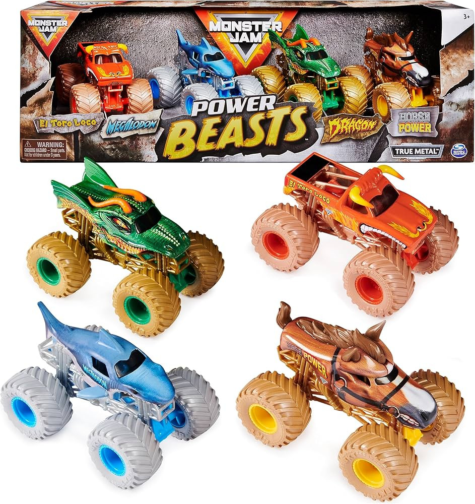 Monster Jam, Power Beasts 4-Pack Monster Trucks (El Toro Loco, Megalodon, Dragon and Horse Power)... | Amazon (US)