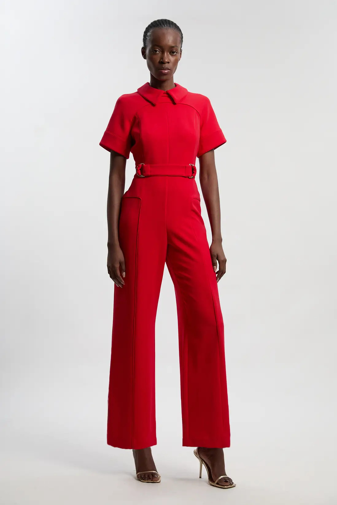 Compact Stretch Tipped Tab Detail Tailored Jumpsuit | Karen Millen