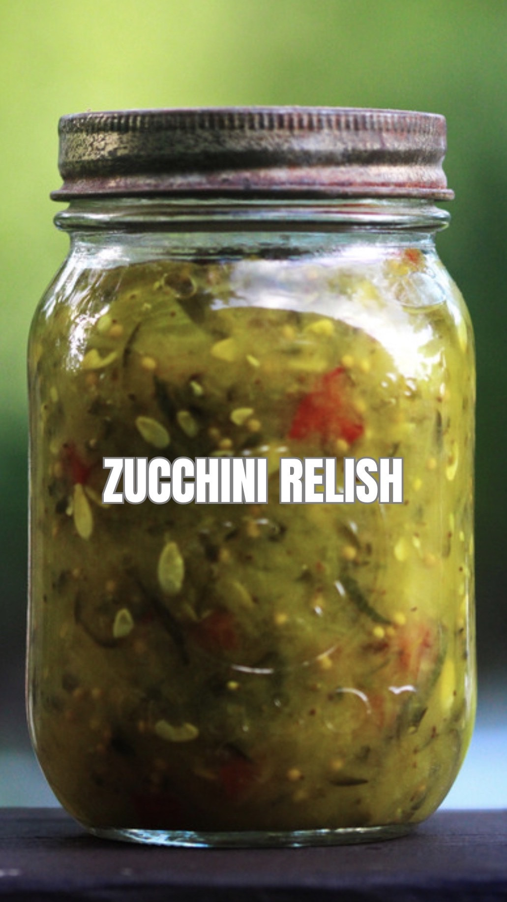 Easy Zucchini Relish. Makes: About 4 pints (or 8 half-pints)

Ingredients:
* 10 cups finely chopped zucchini
* 3 cups finely chopped onion
* 3 cups finely chopped red bell pepper
* 4 Tbsp pickling salt
* 2½ cups vinegar (5% acidity)
* 2½ cups sugar
* 2 tsp mustard seed
* 1 tsp celery seed
* 1 tsp turmeric
* ¼ tsp nutmeg
* ¼ tsp black pepper
* Optional: ½–2 tsp red pepper flakes for heat

Directions:
1. Combine the zucchini, onion, bell pepper, and salt. Refrigerate overnight (or at least several hours).
2. Rinse well, drain, and squeeze out as much liquid as possible.
3. Add vegetables to a large pot with the vinegar, sugar, and spices.
4. Bring to a boil, then reduce heat and simmer 25–30 minutes, stirring occasionally, until slightly thickened.
5. Ladle into hot sterilized jars, leaving ½-inch headspace. Wipe rims, apply lids, and tighten bands finger-tight.
6. Water bath can for 15 minutes (adjust for altitude if needed).
7. Cool for 12–24 hours before checking seals. Refrigerate any unsealed jars.

Note: For safe canning, do not change the amounts of vegetables, sugar, or vinegar.