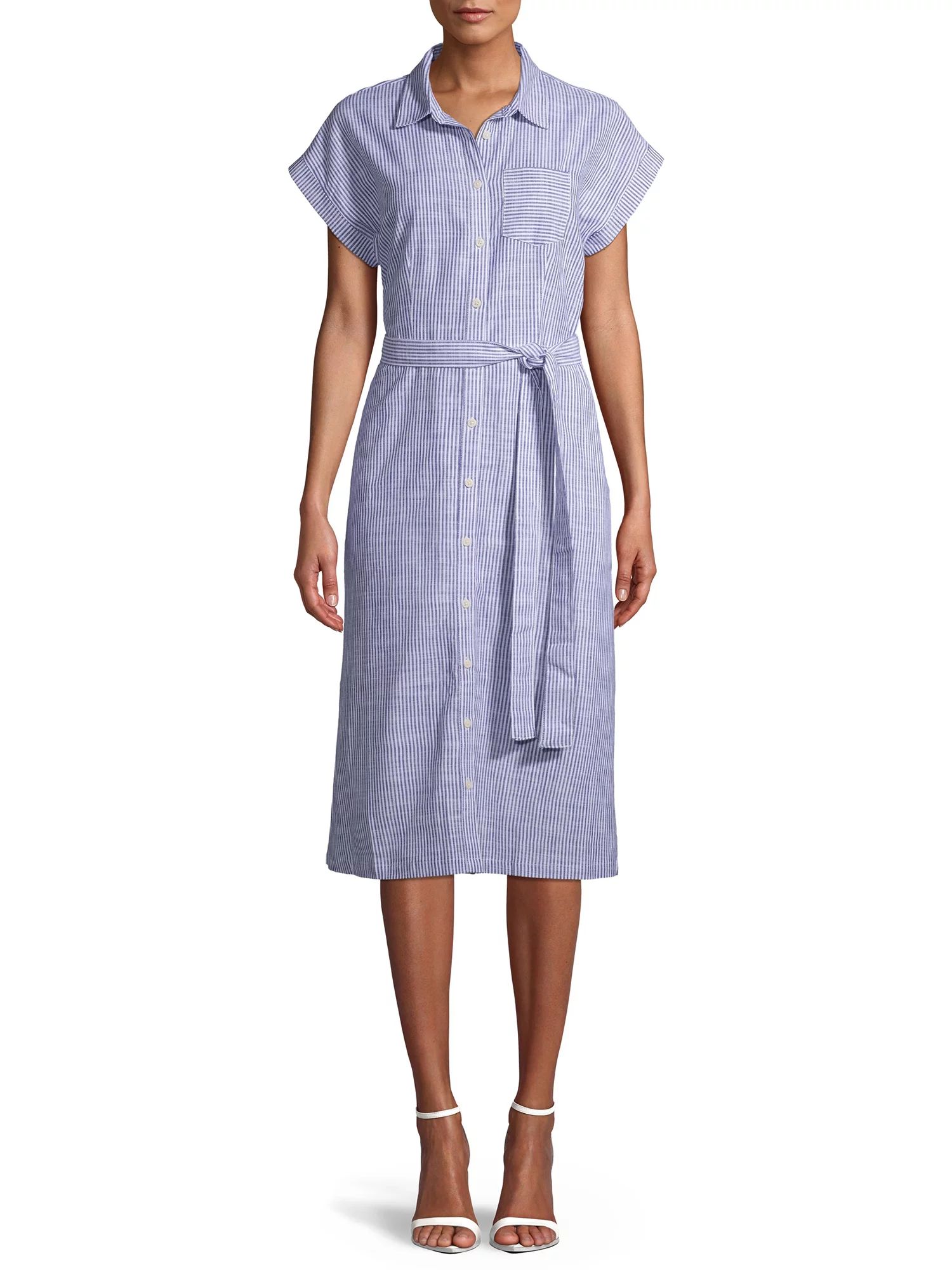 Time and Tru Women's Striped Belted Midi Shirt Dress | Walmart (US)