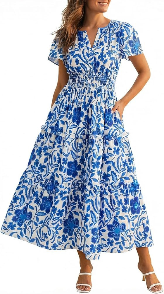 Wenrine Womens Summer Short Sleeve Maxi Dresses Casual Floral V Neck Smocked Tiered Flowy Boho Be... | Amazon (US)