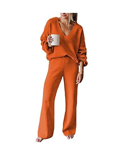 Women 2 Piece Outfits High Neck Knitted Sweater Wide Leg Pant Sweatsuit Lounge Sets | Amazon (US)