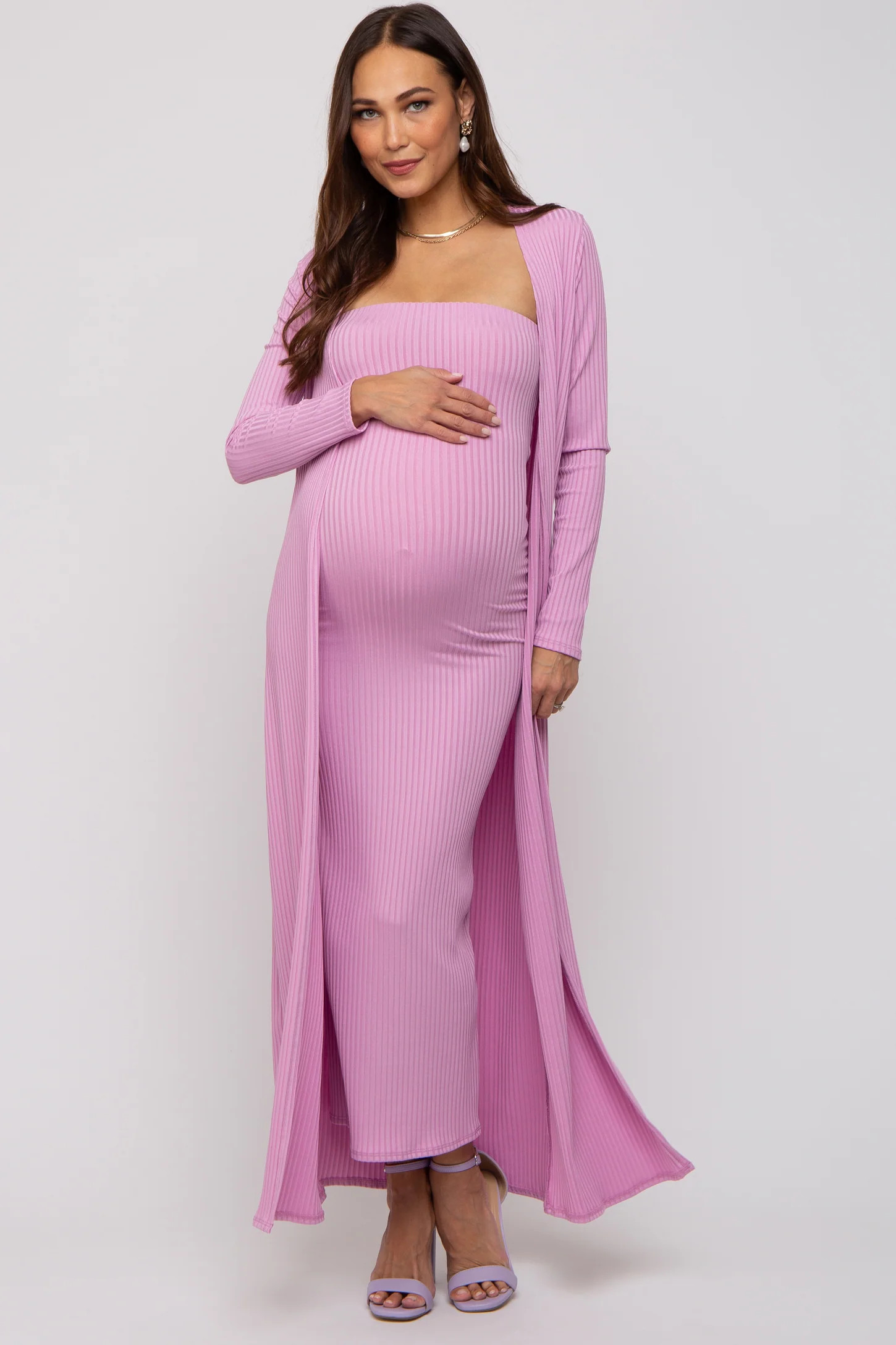 Mocha Ribbed Sleeveless Dress Cardigan Maternity Set | PinkBlush Maternity