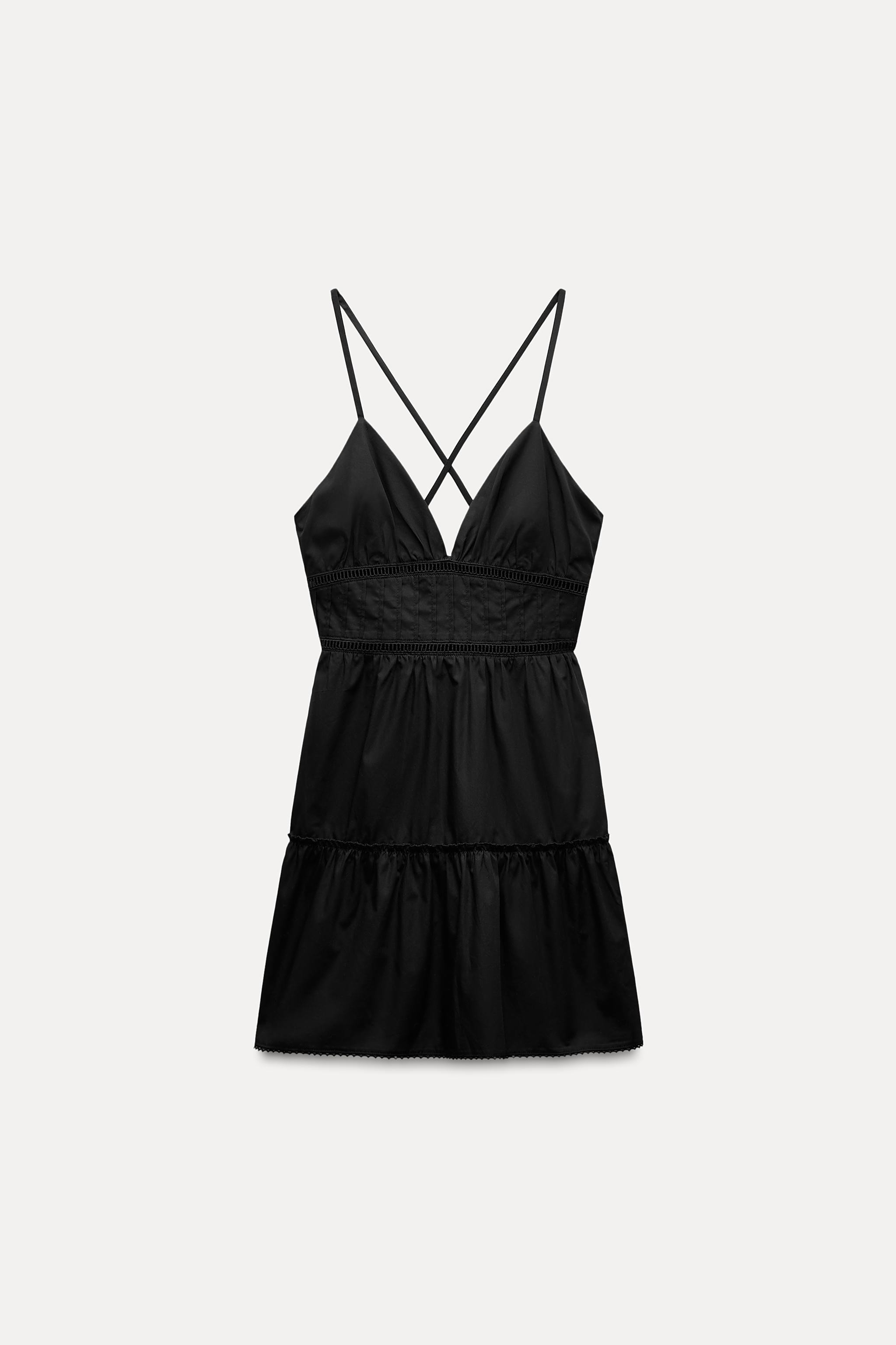 V-neck dress with thin straps that cross at back. Tonal lace insert detail. Side hidden in-seam z... | Zara US