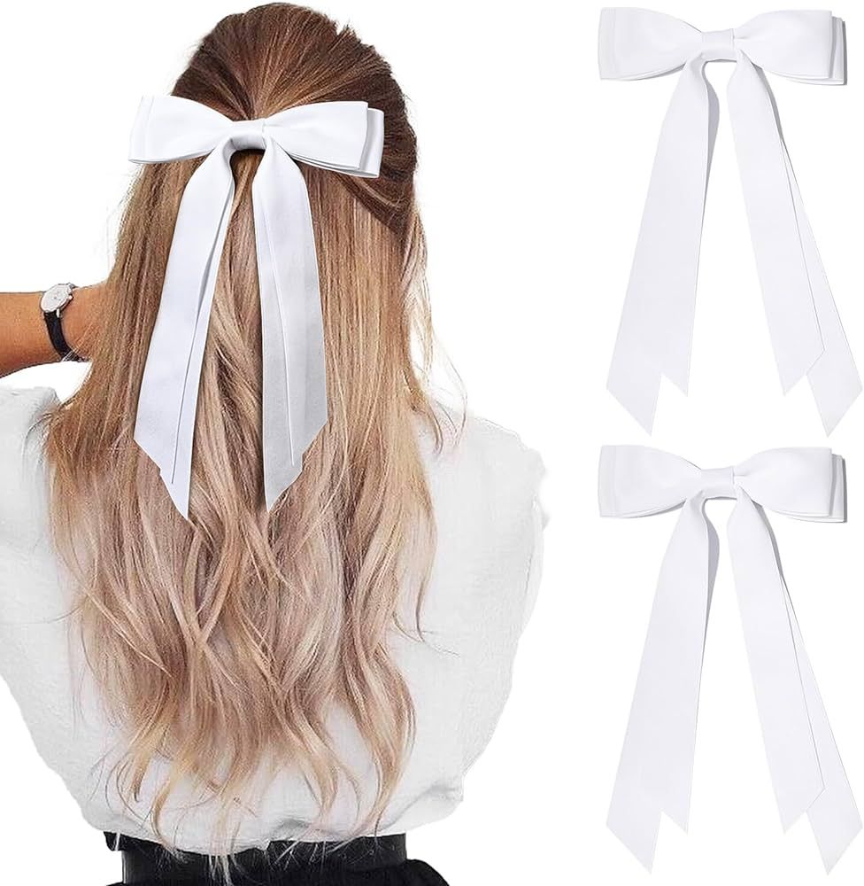 2PCS Silky Satin Hair Bows Hair Clip White Hair Ribbon Ponytail Holder Accessories Slides Metal Clips Hair Bow for Women Girls Toddlers Teens Kids | Amazon (US)