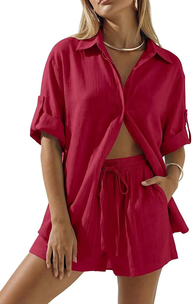 BWQ Womens 2 Piece Linen Short Sets Beach Vacation two piece sets for women summer | Amazon (US)