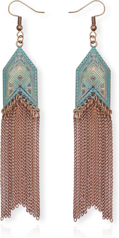 Vintage Country Western Jewelry for Women: Dangle Boho Turquoise & Bronze Patina Earrings with Lo... | Amazon (US)