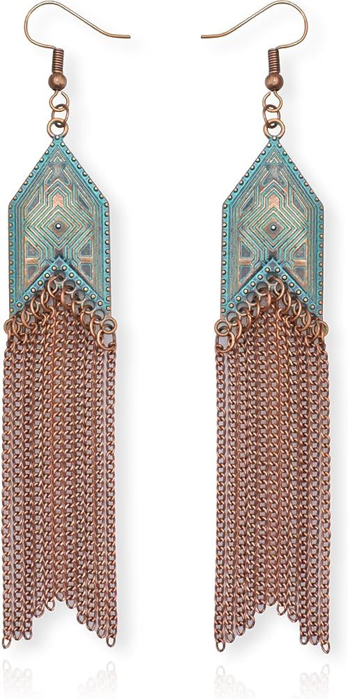 Vintage Country Western Jewelry for Women: Dangle Boho Turquoise & Bronze Patina Earrings with Lo... | Amazon (US)