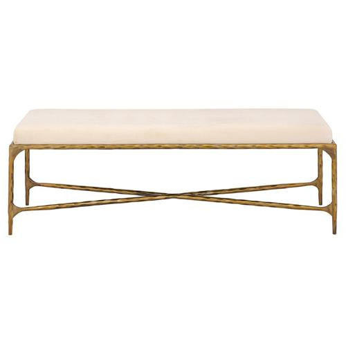 Levine Hollywood Regency White Upholstered Velvet Gold Iron Bench - Long | Kathy Kuo Home