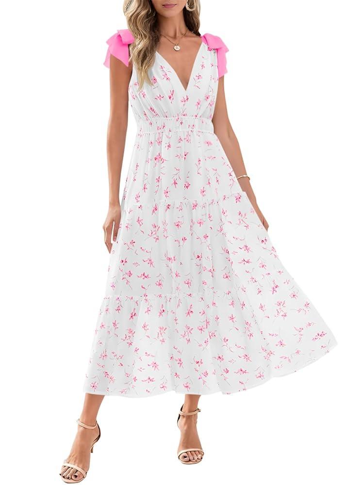 Wenrine Womens Summer Floral Maxi Dress Casual Self Tie Sleeveless V Neck Smocked Boho Tiered Bea... | Amazon (US)