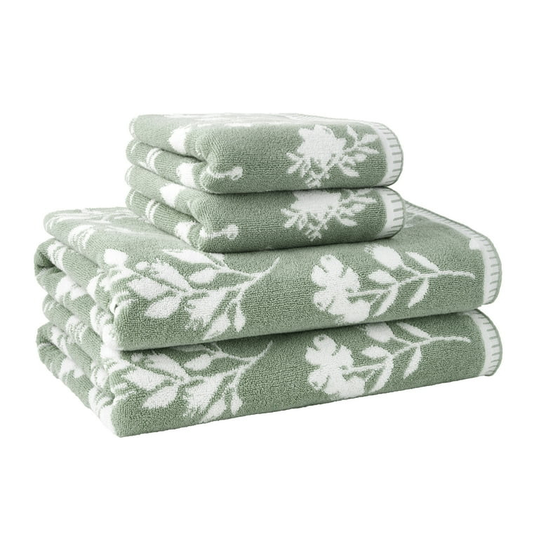 Beautiful Floral 4 Pack Towel Set, Contains 2 Bath, 2 Hand - Sage Green by Drew Barrymore | Walmart (US)