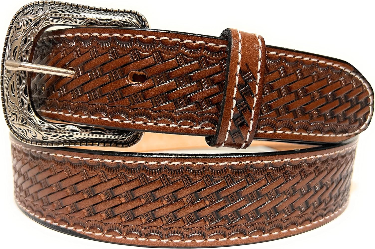 Men's Heavy Duty Genuine Leather Basket Weave Western Casual or Work Belt | Amazon (US)