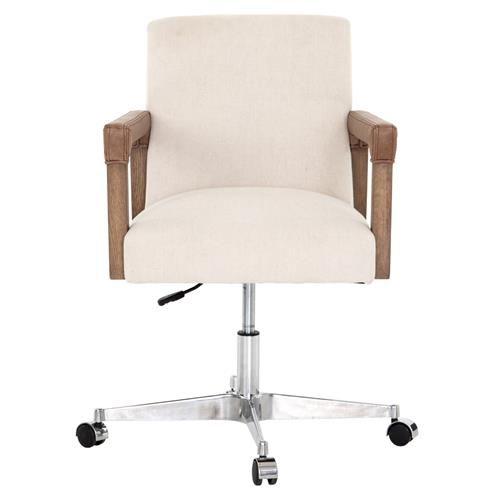 Jolie Rustic Cream Upholstered Brown Wood Leather Arms Steel Base Office Chair | Kathy Kuo Home