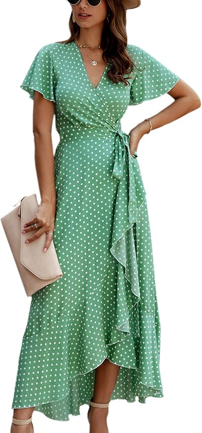 ECOWISH Women's Dresses Bohemian Wrap V Neck Short Sleeve Ethnic Style High Split Beach Maxi Dres... | Amazon (US)