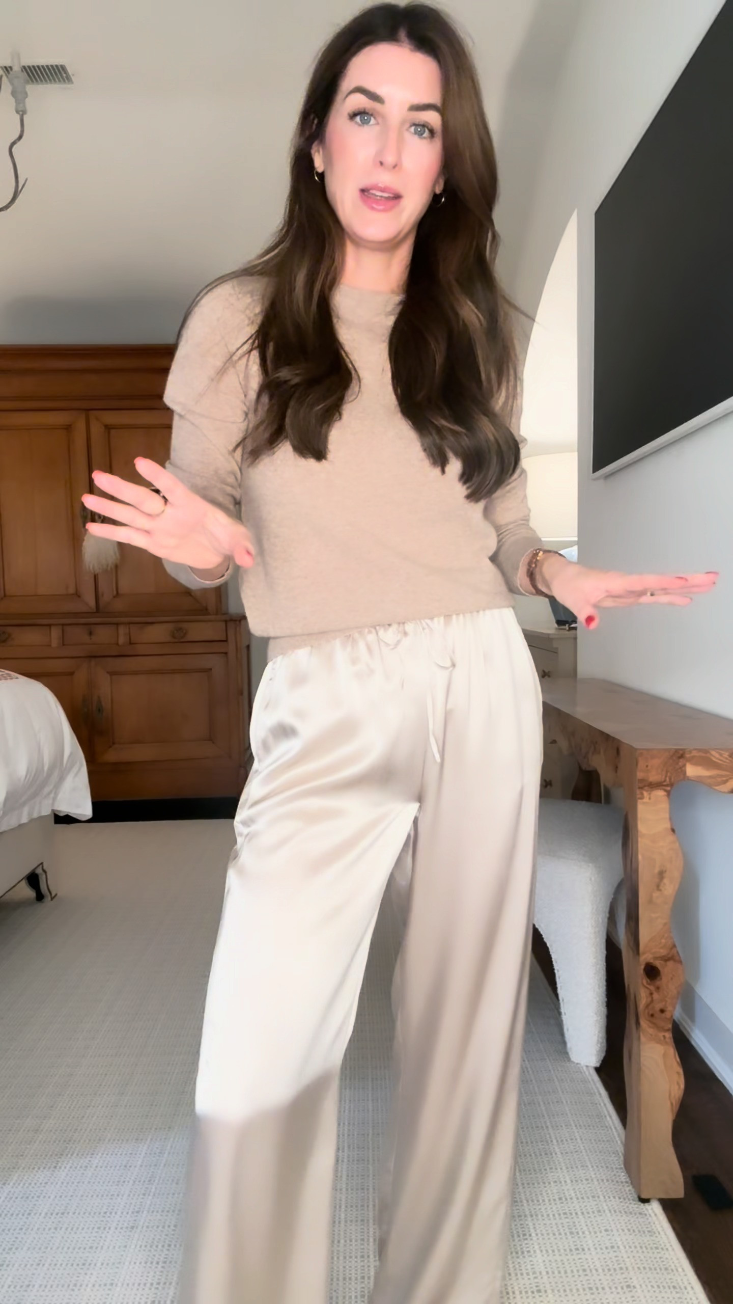 Transitional weather has me thinking about the pieces I want in heavy rotation once things cool down — and this sweater and silky pant is exactly the kind of fresh addition I mean. I do not own a pant like this, and styled together in a tonal palette, it feels so elevated. Comfortable enough for everyday, elevated enough to dress up for a dinner or a night out with the girls.
I love pairing it with a sweater like this one, and the price point makes it even better — you may find yourself wanting it in more than one color.
@onequince 

 #quincepartner #LTKootd #LTKSeasonal #LTKOver40