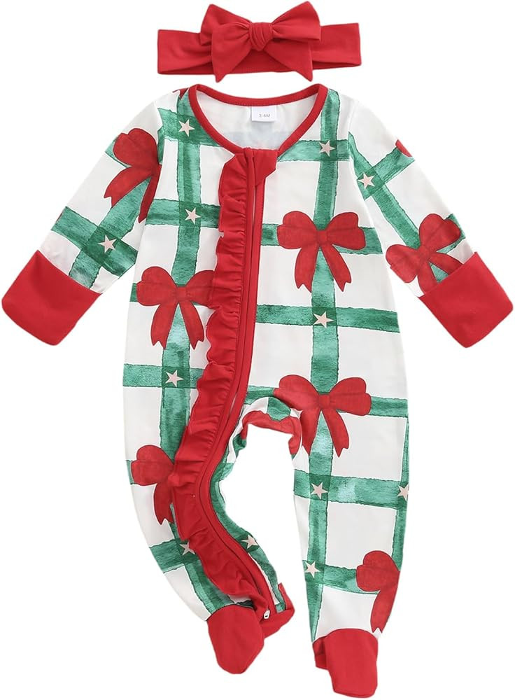 My First Christmas Baby Girl Outfit Newborn Bow Footie Jumpsuit Ruffle Zipper Romper Infant Comin... | Amazon (US)