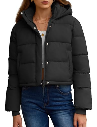 PHISOCKAT Womens Puffer Jacket Cropped Quilted Jacket Long Sleeve Full Zip Coats with Pockets Winter Outerwear with Hood | Amazon (US)