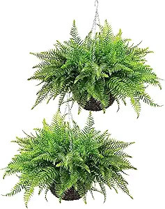 QIANYUN Fake Fern Outdoor Artificial Plants-2-Pack Artificial Outdoor Hanging Fern Faux Greenery ... | Amazon (US)
