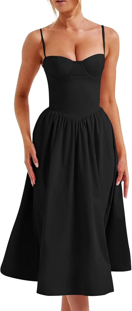 Corset Dress for Women Formal Spaghetti Strap Bustier Midi Dresses Flowy Pleated Hem Corset Sundr... | Amazon (US)