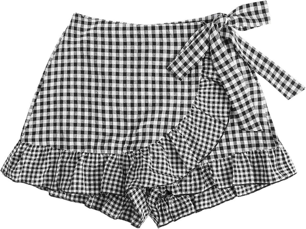 SheIn Women's Gingham Ruffle Skort Wrap Tie Side Elastic Mini Skirt Shorts | Amazon (US)
