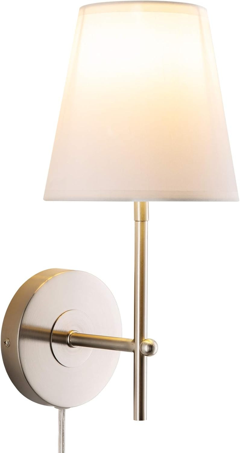 CO-Z 1-Light Wall Sconce Plug in Cord with White Fabric Shade, Wall Mount Vanity Lamp in Brushed ... | Amazon (US)