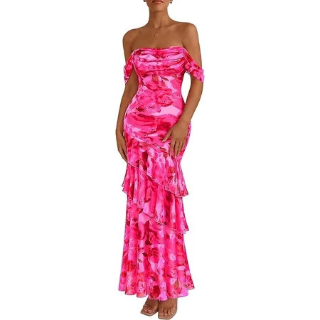 PRETTYGARDEN Women's Formal Cocktail Maxi Dresses Summer Off Shoulder Floral Mesh Bodycon Spring Wedding Guest Dress | Walmart (US)