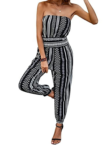 OYOANGLE Women's Boho Geo Print Sleeveless Strapless Long Pants Romper Tube Jumpsuit Black S | Amazon (US)