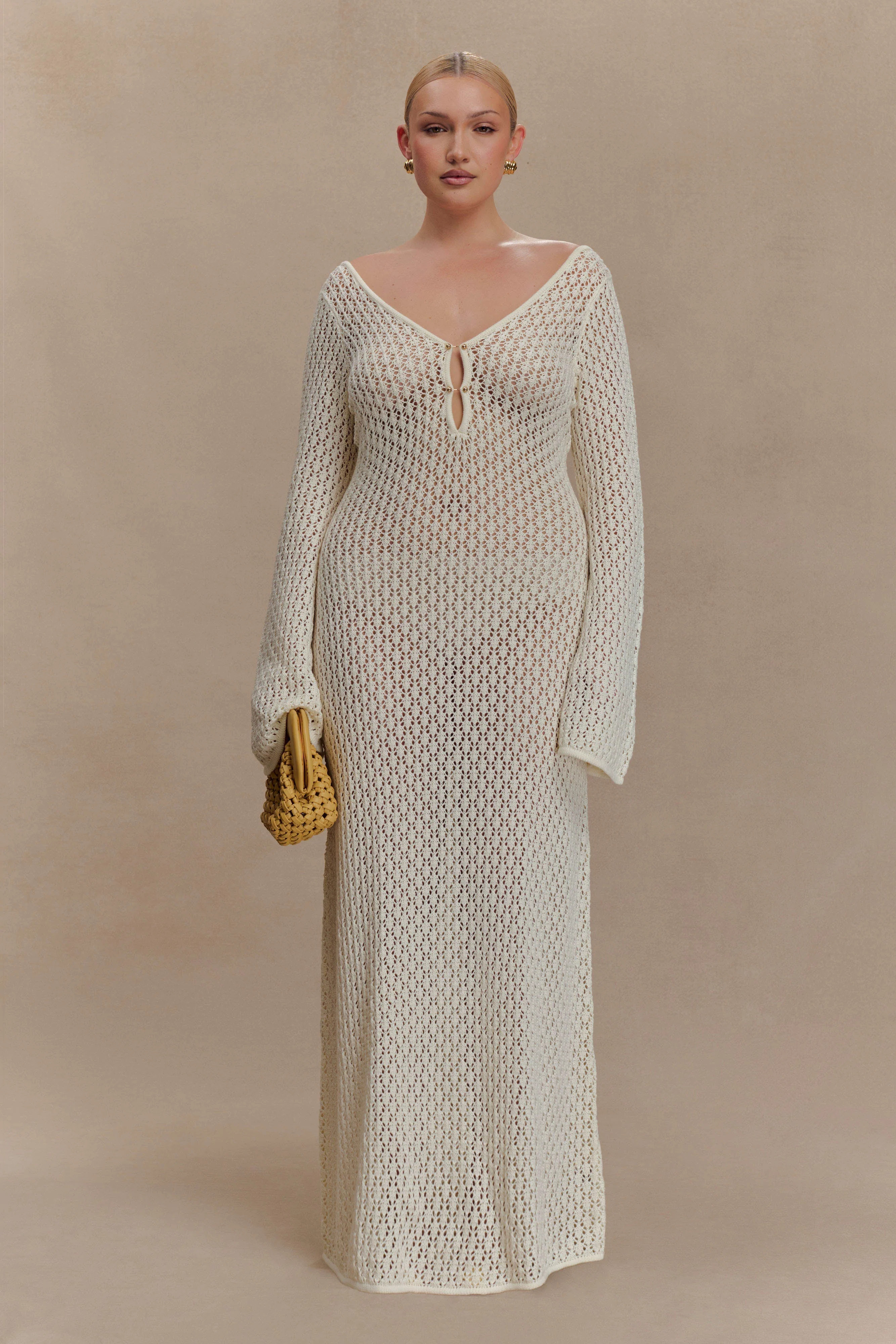 Kayleigh Crochet Fishtail Flare Sleeve Maxi Dress - White | MESHKI US
