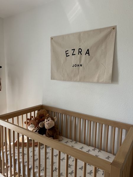 Sharing Ezra’s custom name banner! Loved being able to personalize his room with this subtle but statement piece. 

Nursery pieces also linked - crib and sheets

#LTKbaby #LTKhome #LTKkids