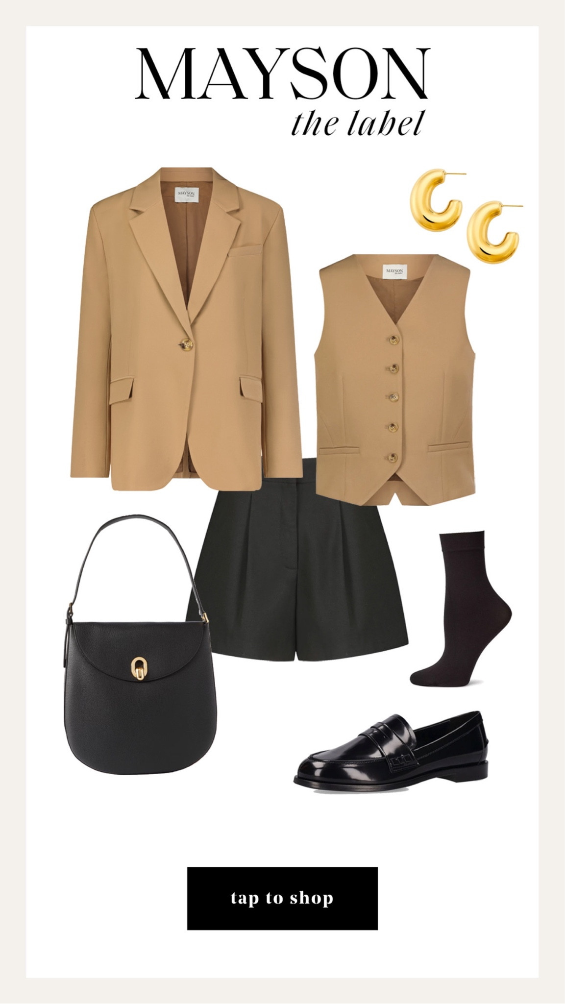 Camel boyfriend blazer outfit idea, camel vest, black trouser shorts, black loafers #MAYSON #workwear #blazer 

#LTKstyletip #LTKshoecrush #LTKworkwear
